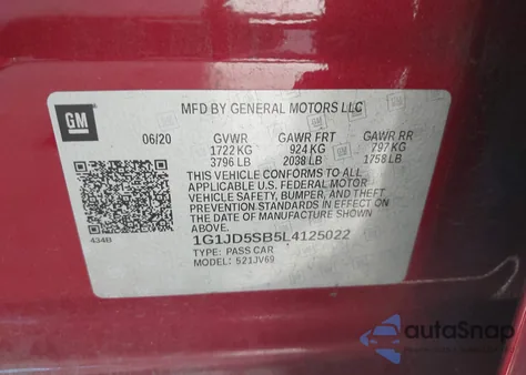 2020 Chevrolet Sonic Fwd Lt from USA, damaged, VIN 1G1JD5SB5L4125022